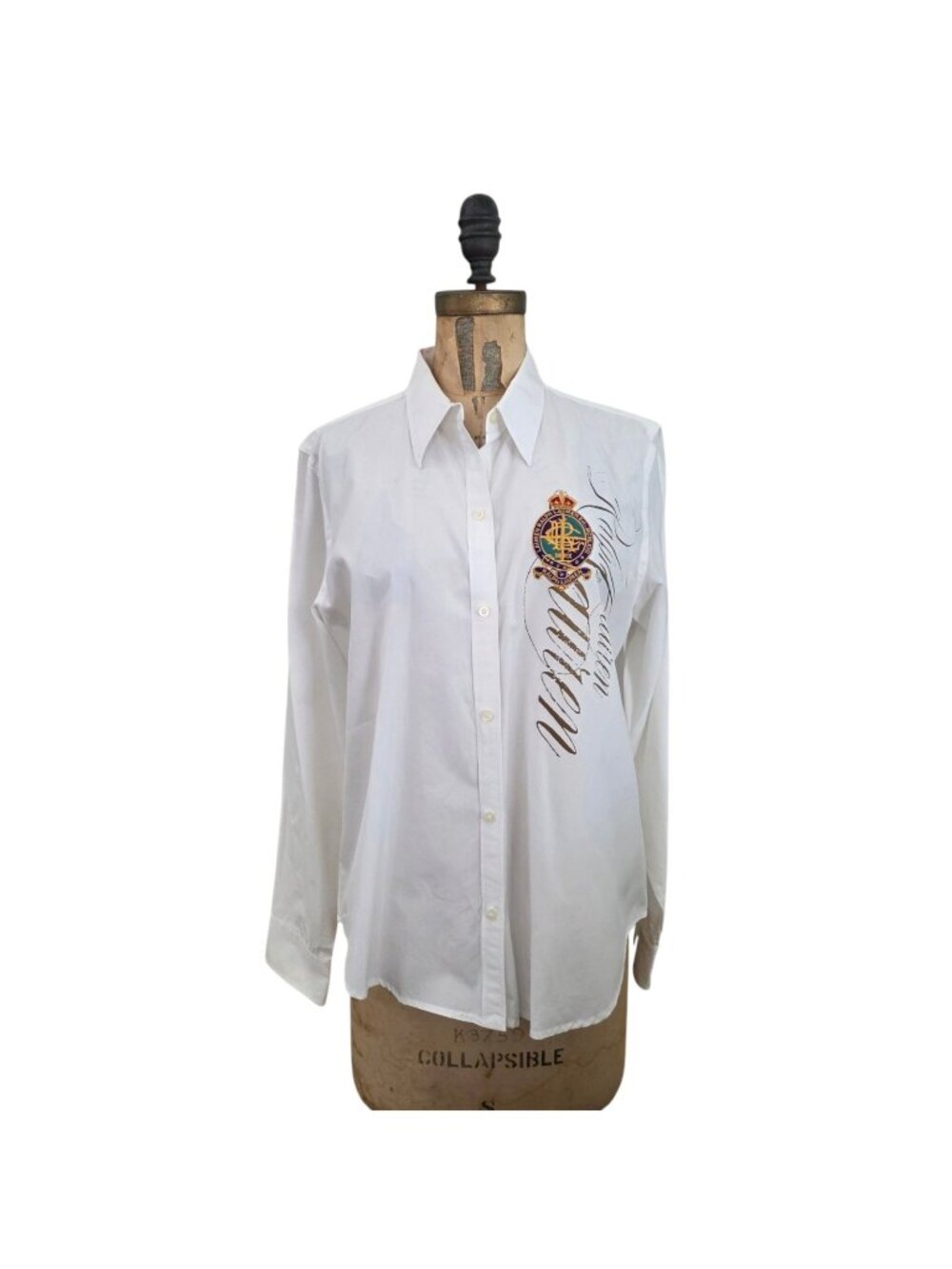 Vtg Lauren Ralph Lauren White Button Down Shirt Script Crest Logo Rare L